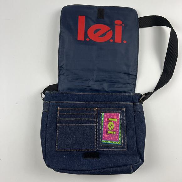 LEI Jeans Denim Crossbody Bag Blue American Flag Smiley Love Patches Y2K - Picture 9 of 14